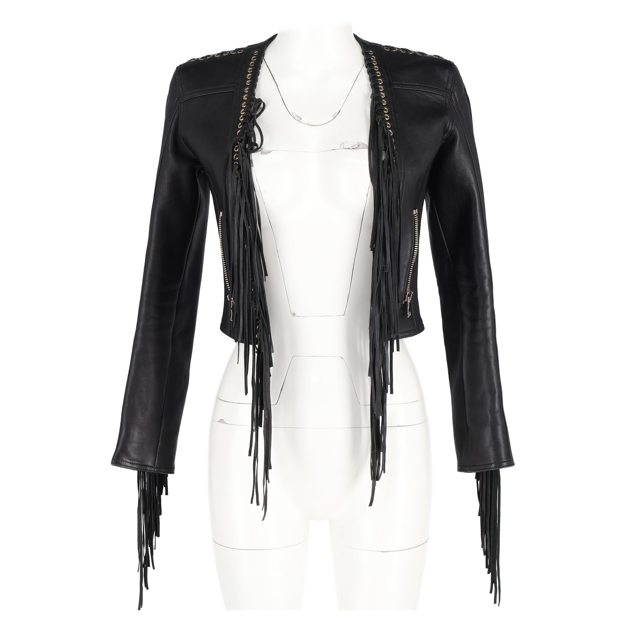 Balmain Fringe Cropped Jacket in Black Leather