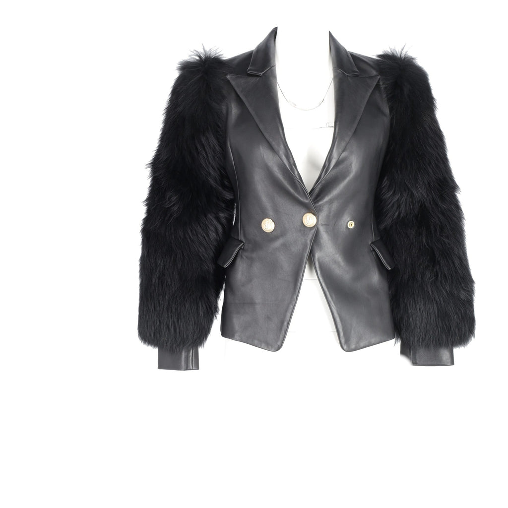 Balmain Single Breasted Fur Sleeve Blazer in Black Leather