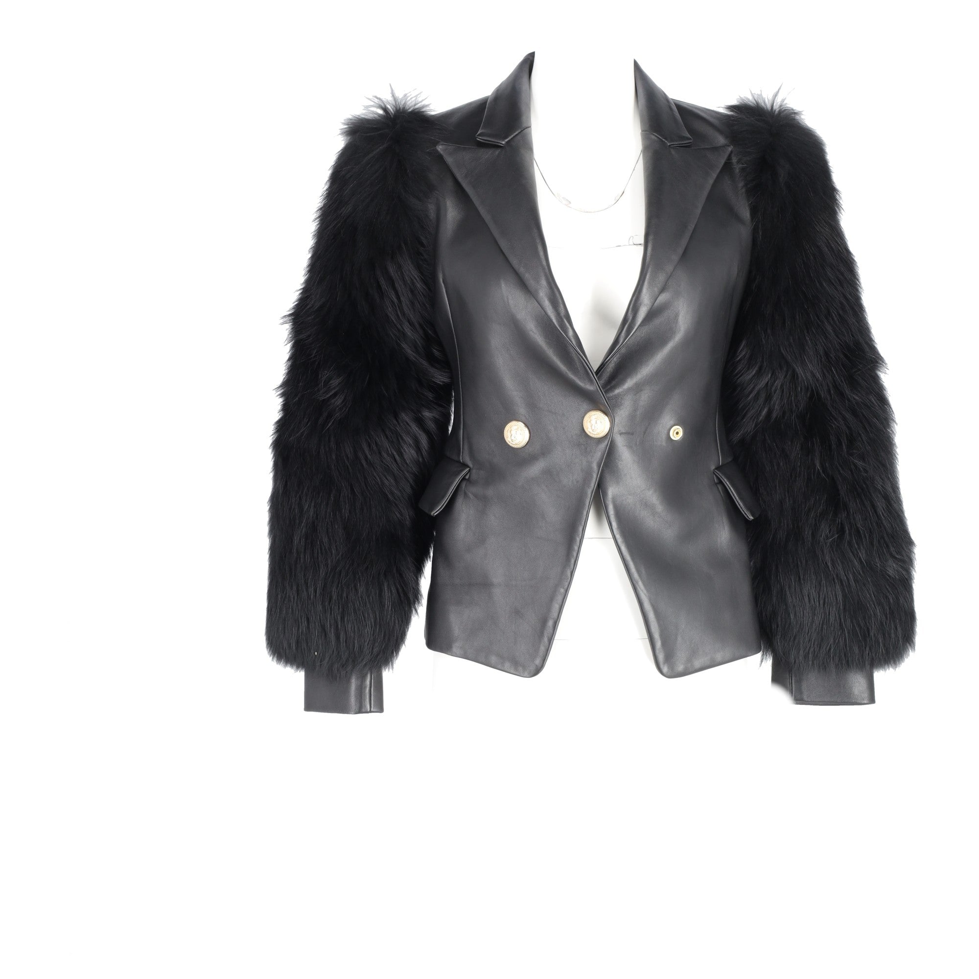 Balmain Single Breasted Fur Sleeve Blazer in Black Leather