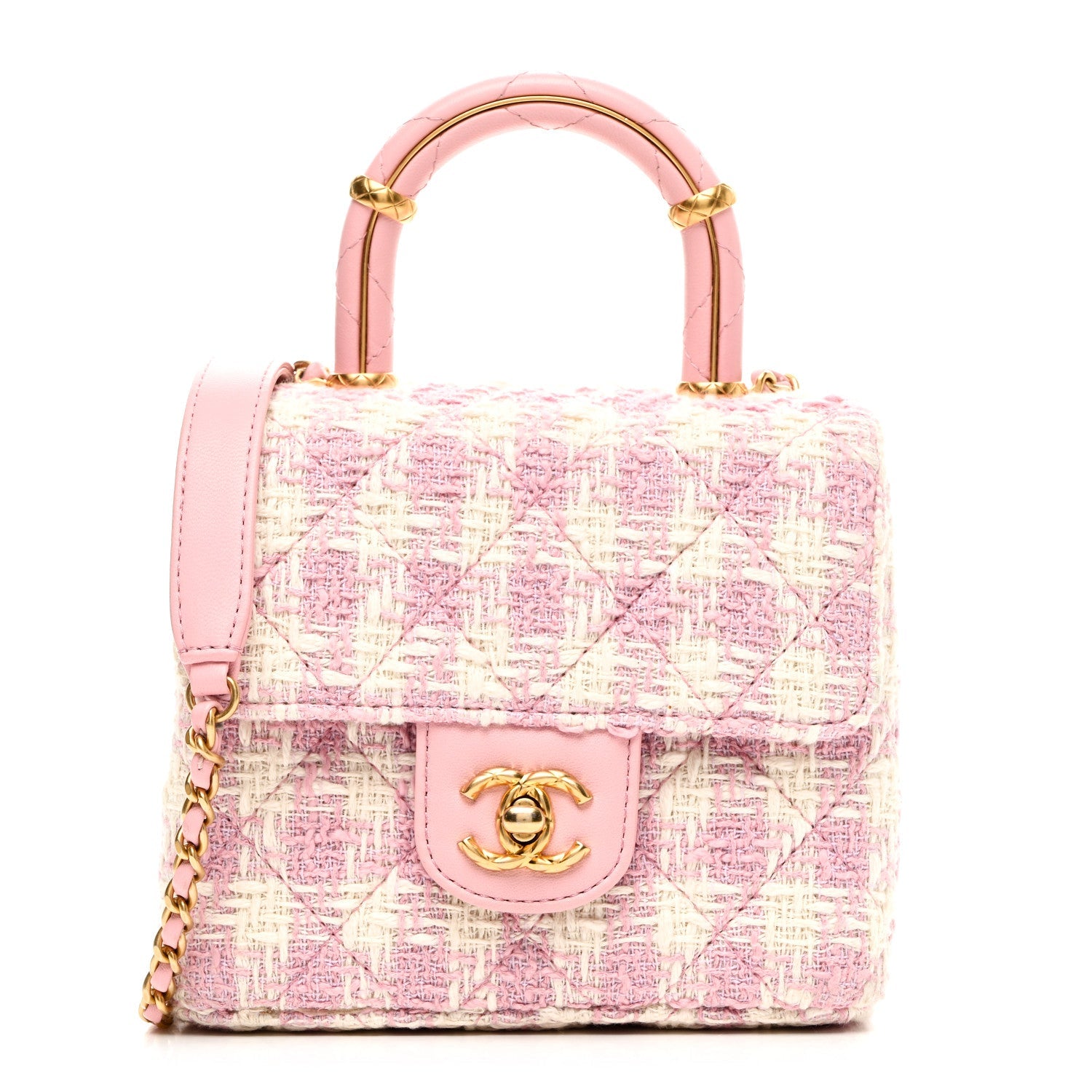 Tweed Handle Crush Top Handle Flap Bag Pink Ecru