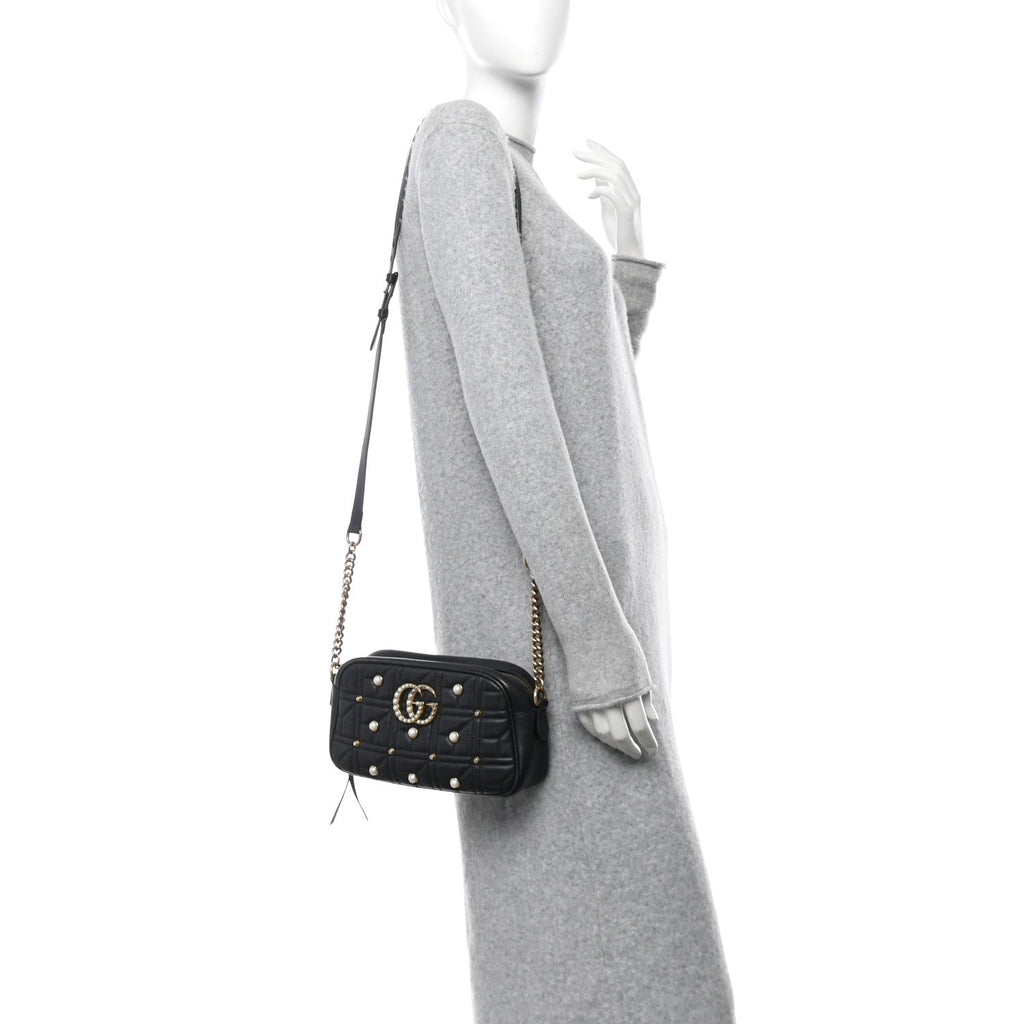 Calfskin Matelasse Studded Small Pearly GG Marmont Chain Shoulder Bag Black