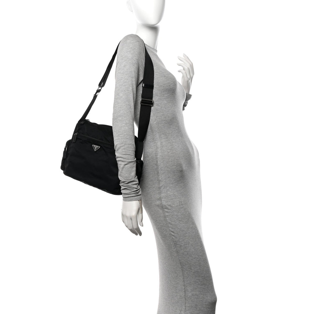 Re-Nylon Vela Saffiano Pocket Double Zip Shoulder Bag Black