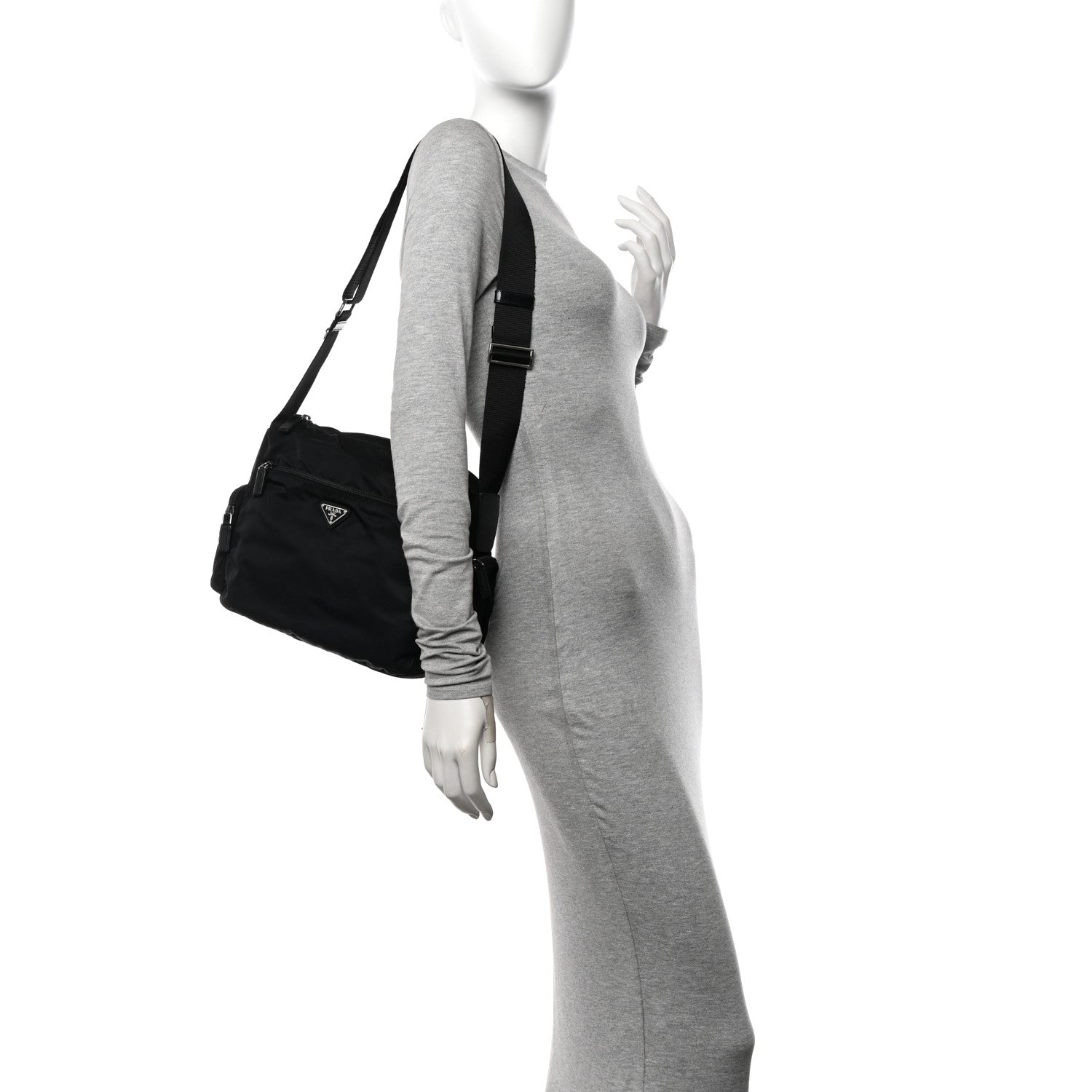 Re-Nylon Vela Saffiano Pocket Double Zip Shoulder Bag Black