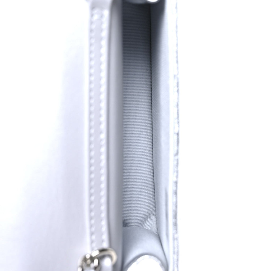 Metallic Goatskin Quilted Crystal CC Walk Of Fame Clutch With Chain Silver