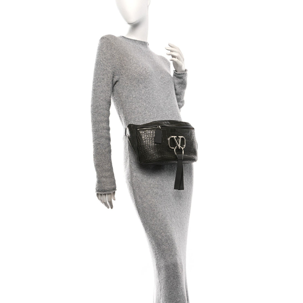 Shiny Calfskin Alligator Embossed VRing Belt Bag Khaki