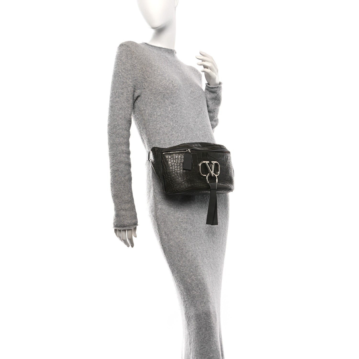 Shiny Calfskin Alligator Embossed VRing Belt Bag Khaki