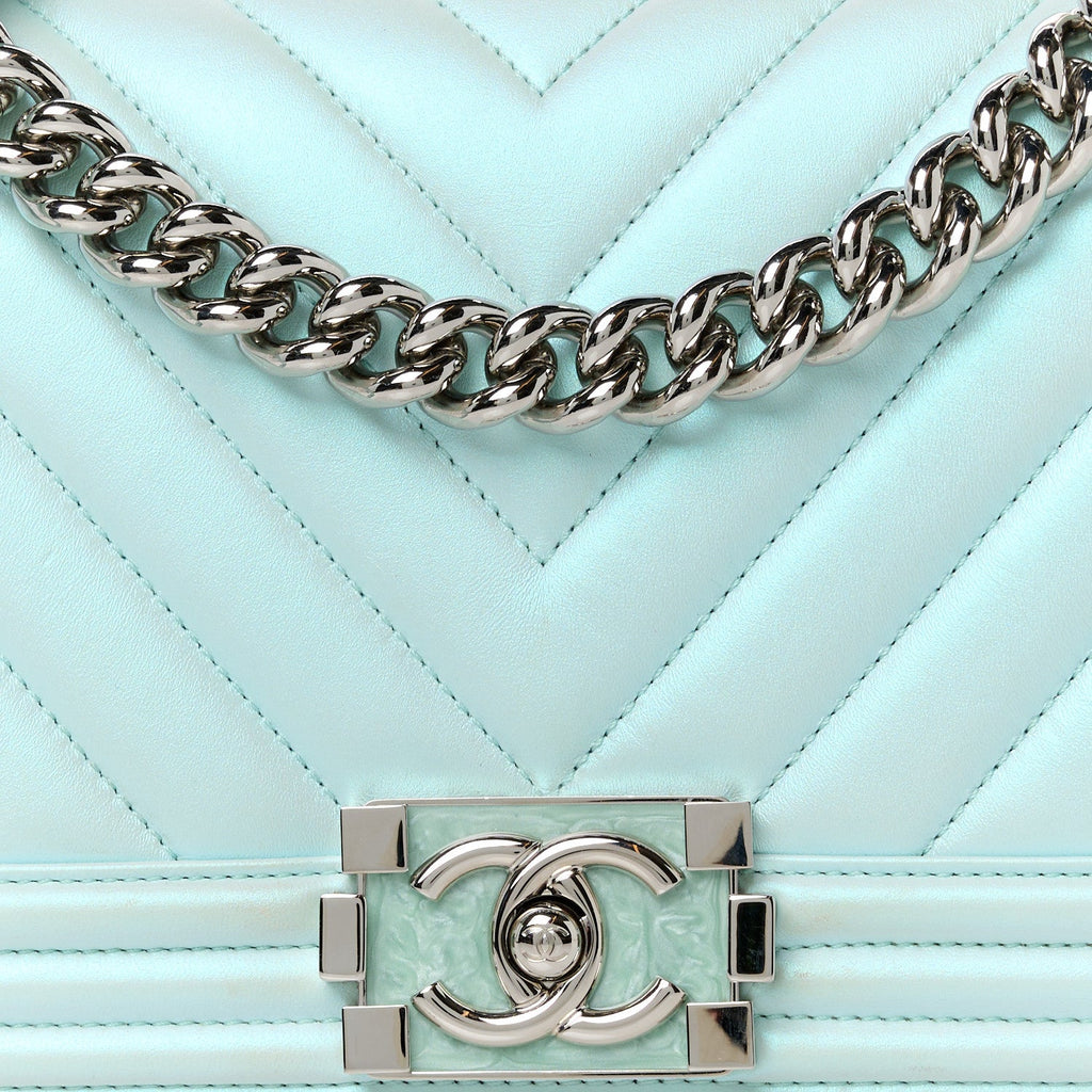 Iridescent Lambskin Chevron Quilted Medium Boy Flap Turquoise