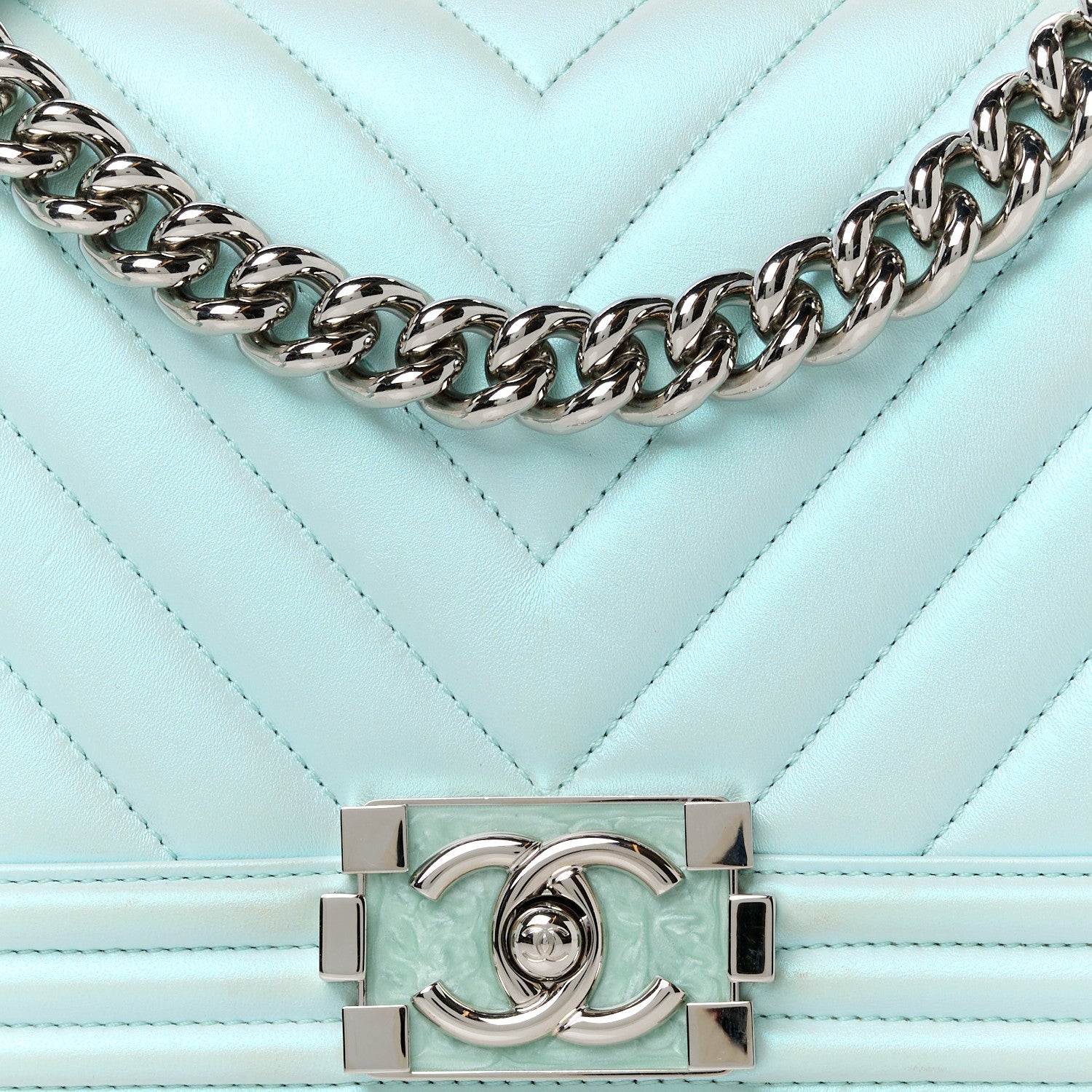 Iridescent Lambskin Chevron Quilted Medium Boy Flap Turquoise