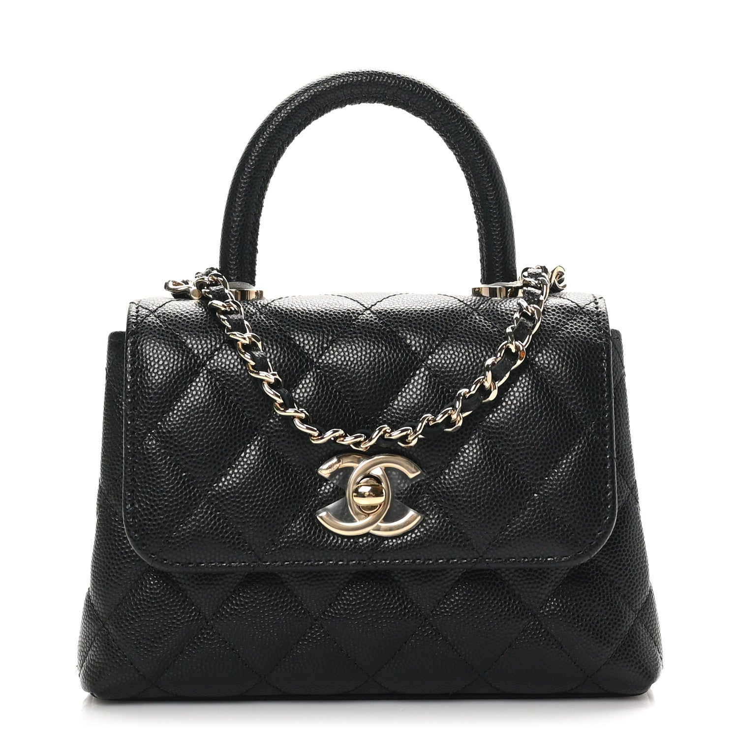 Caviar Quilted Coco Handle Clutch With Chain Black