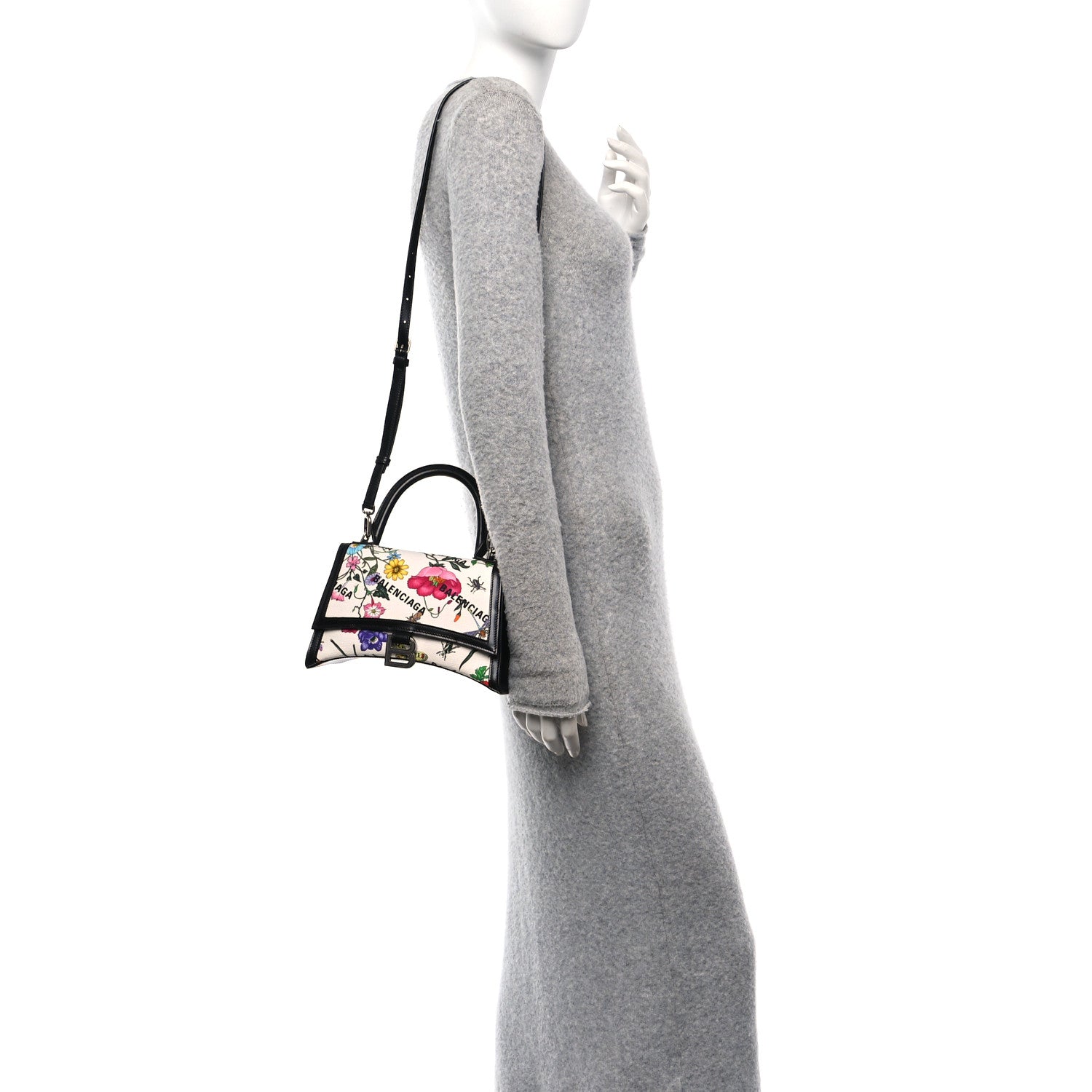 X GUCCI Canvas Boarded Plutone Calfskin Flora Logo Print Small Hourglass Top Handle Bag White Multicolor Black