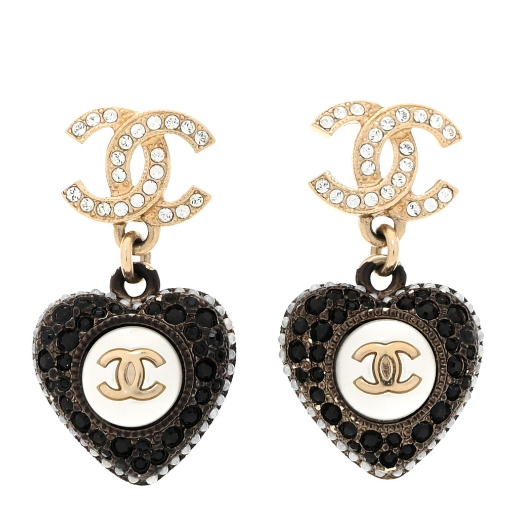 Pearl Crystal CC Heart Drop Earrings Gold Black White