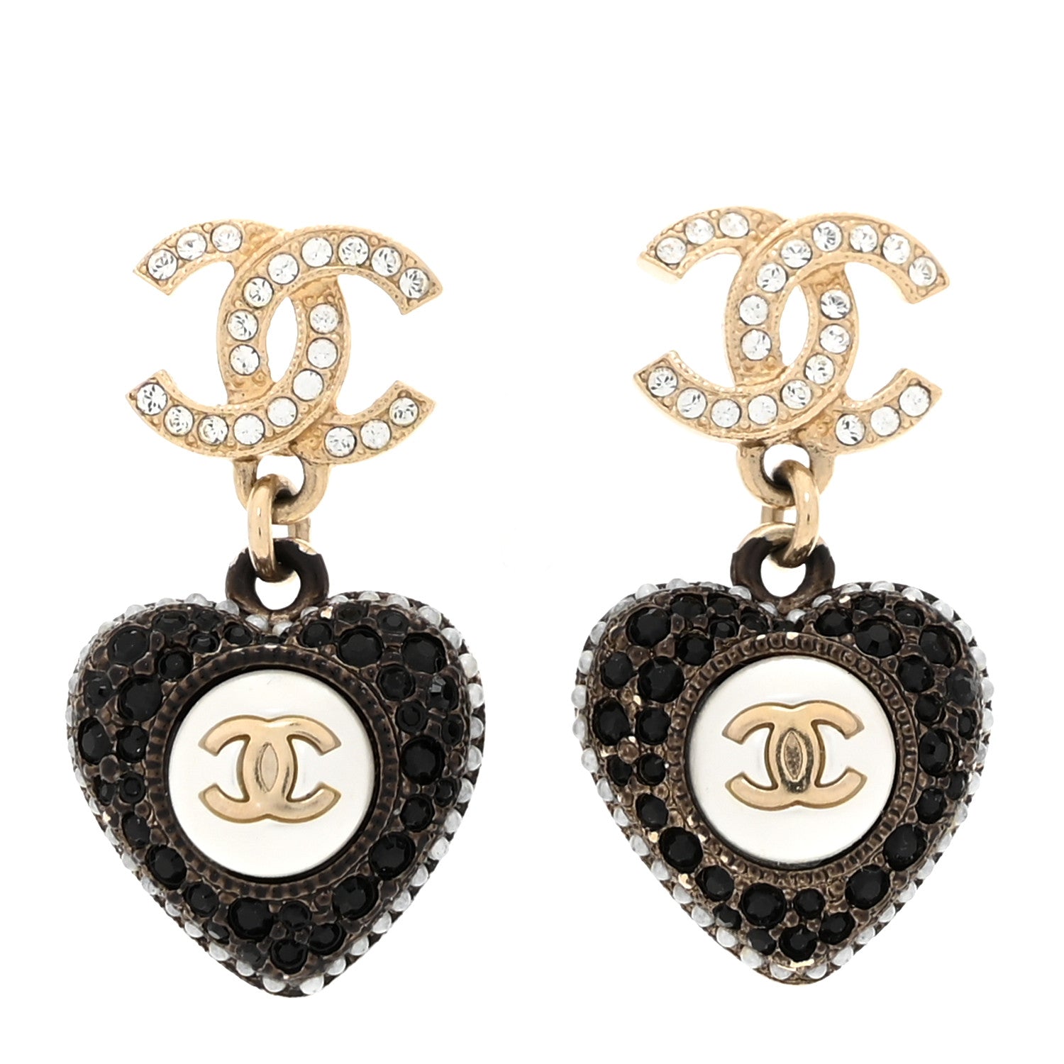 Pearl Crystal CC Heart Drop Earrings Gold Black White