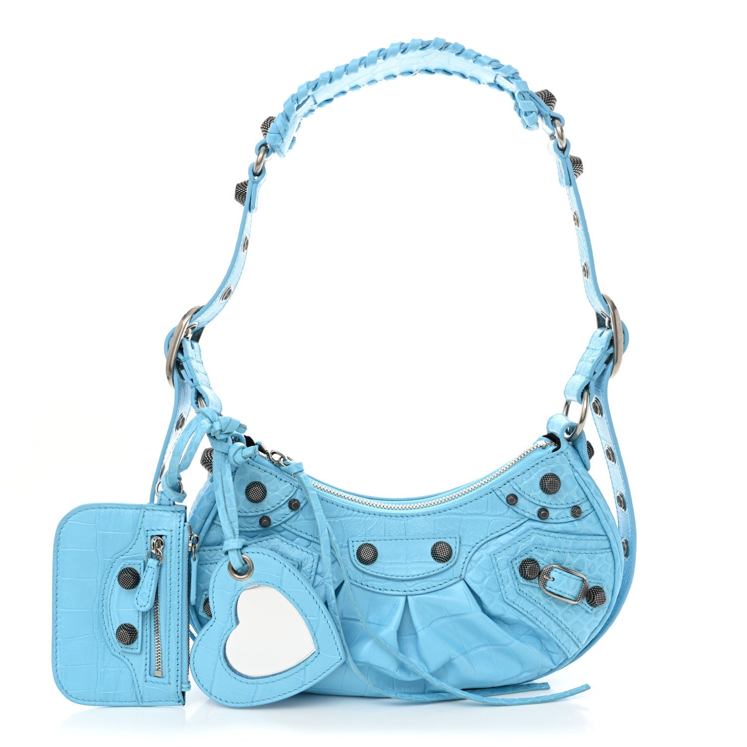 Extra Supple Calfskin Crocodile Embossed Le Cagole Shoulder Bag XS Sky Blue