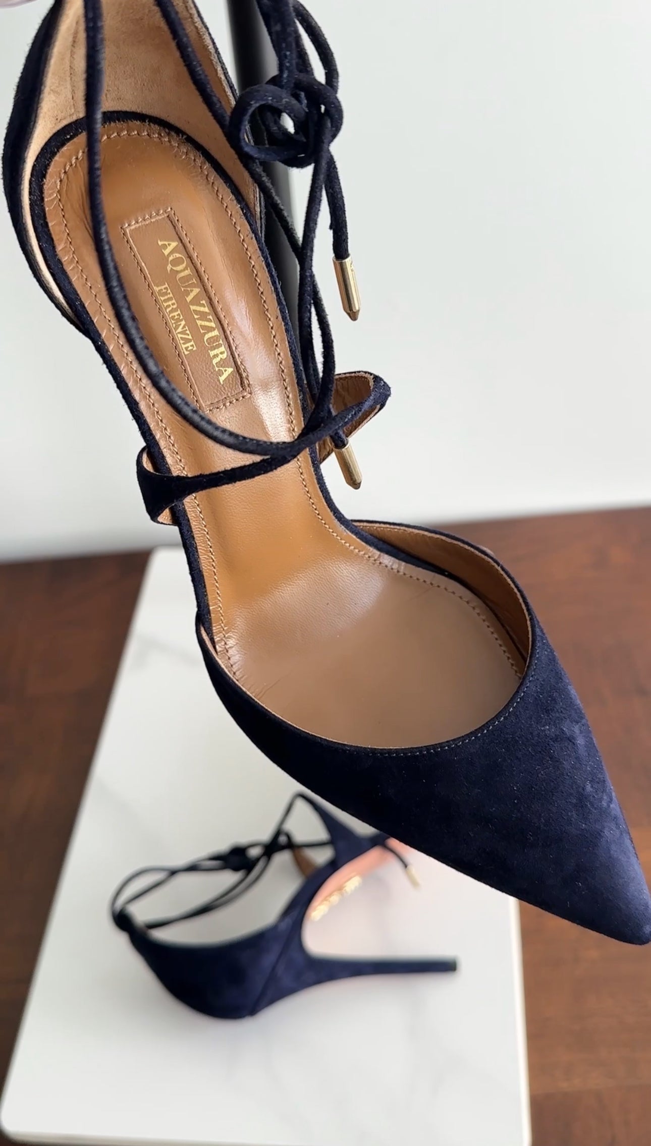 Aquazzura Navy Suede Matilde Lace Up Pumps - 37