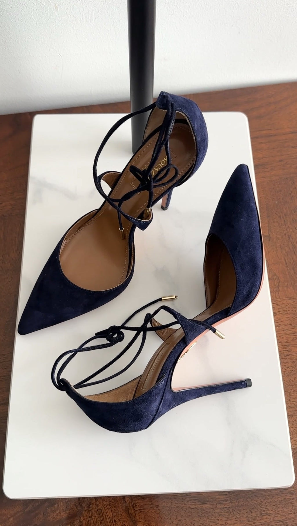 Aquazzura Navy Suede Matilde Lace Up Pumps - 37