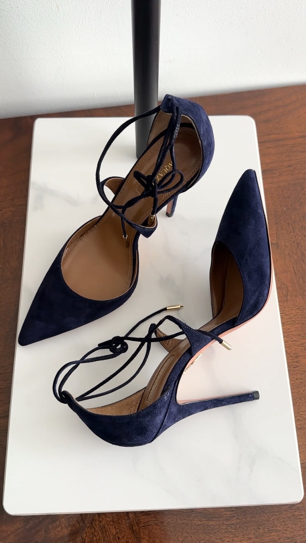 Aquazzura Navy Suede Matilde Lace Up Pumps - 37