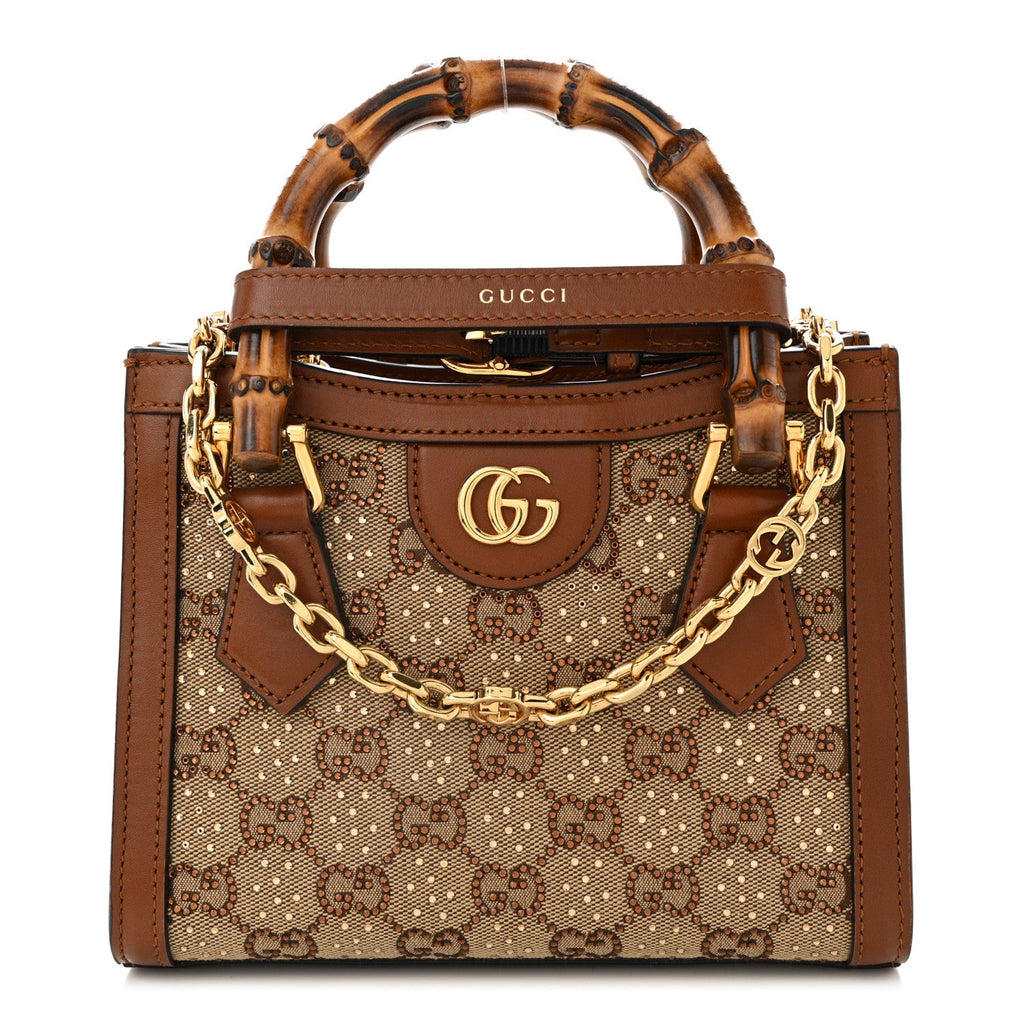 New Canvas Charisma Calfskin Crystal GG Monogram Mini Diana Tote Bag Camel Ebony