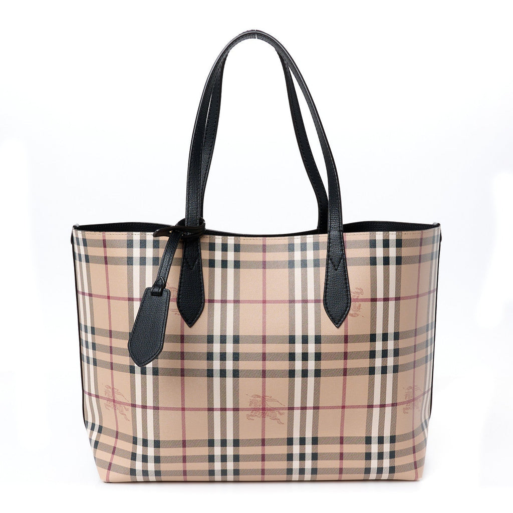 Grainy Calfskin Haymarket Check Medium Reversible Tote Black
