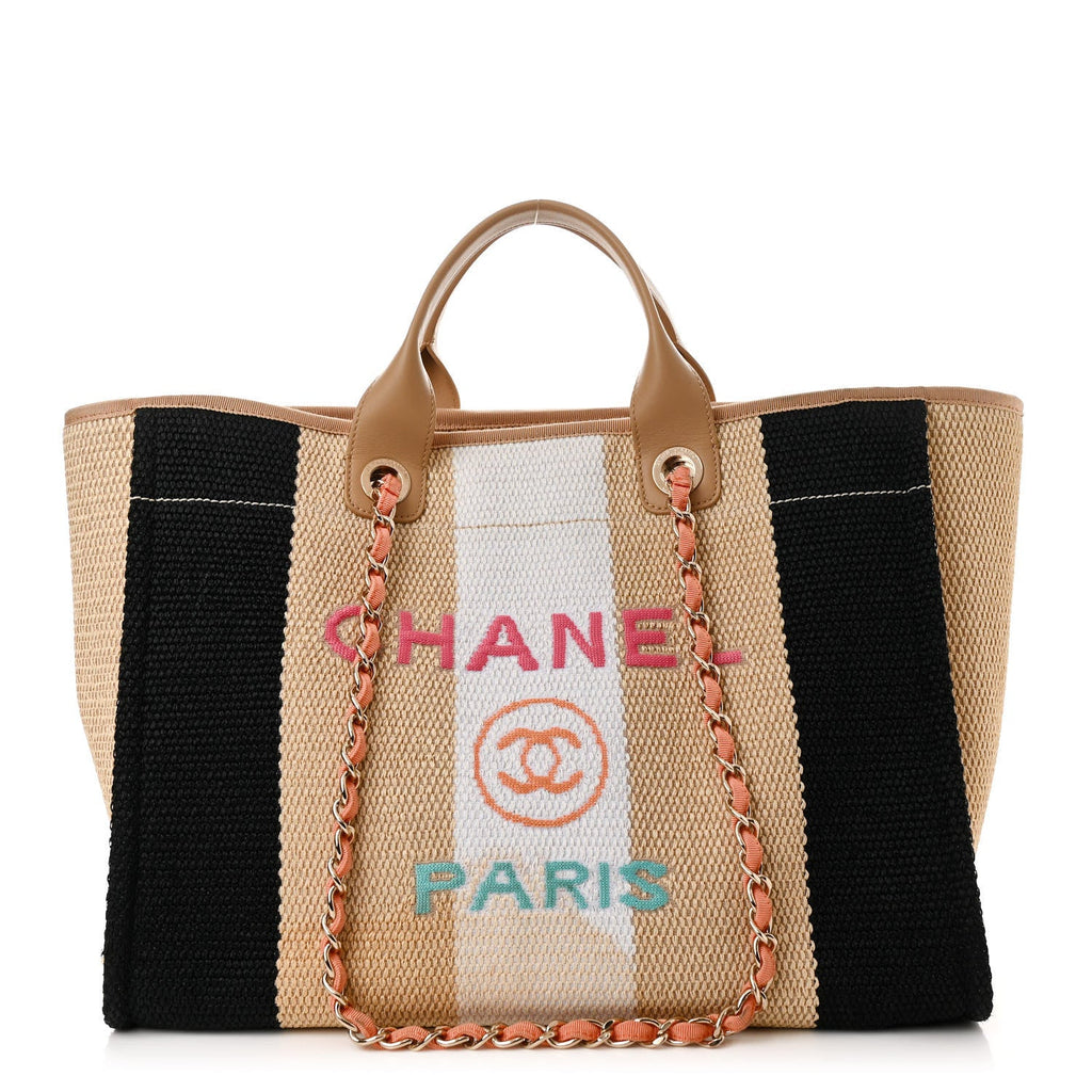 Straw Raffia Calfskin Striped Medium Deauville Tote Black Beige Ivory