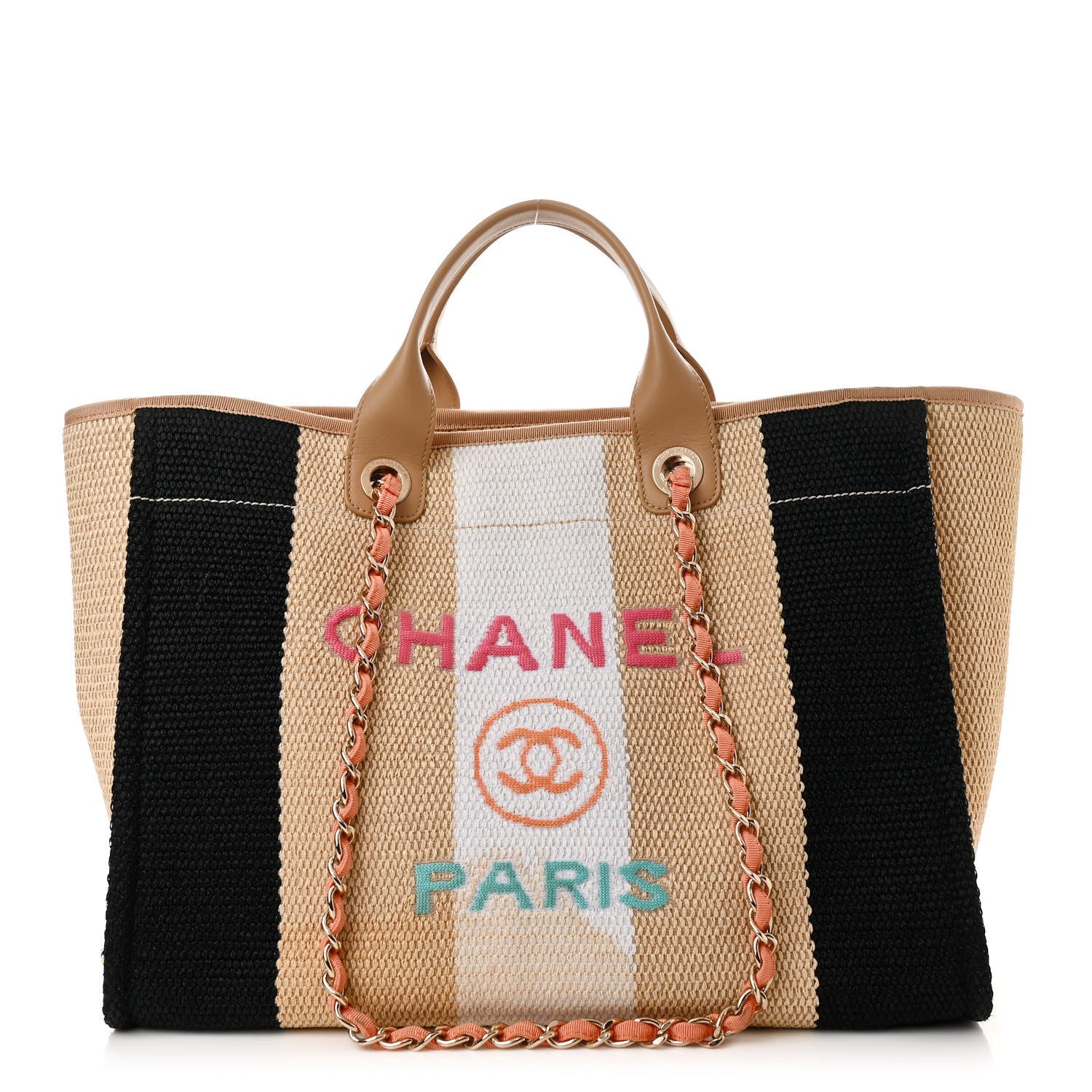Straw Raffia Calfskin Striped Medium Deauville Tote Black Beige Ivory
