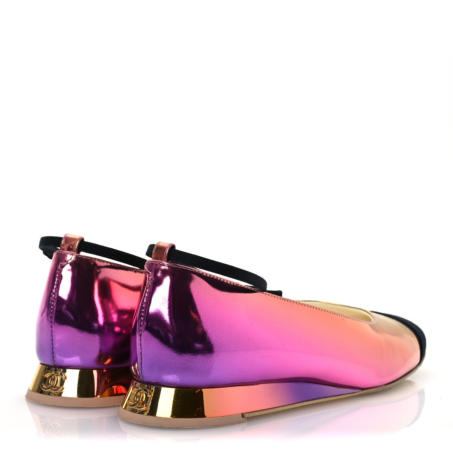 Laminated Calfskin Grosgrain Cap Toe CC Flats 36.5 Pink Orange Yellow Black