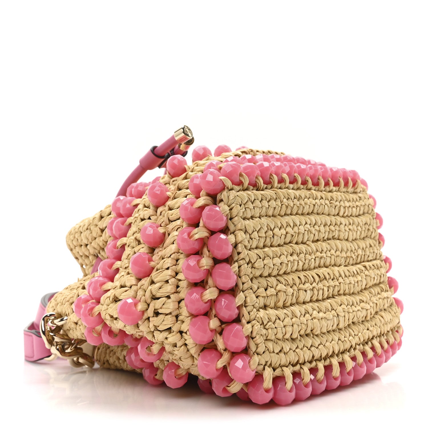 Calfskin Raffia Beaded Bon Bon Bucket Bag Beige Pink