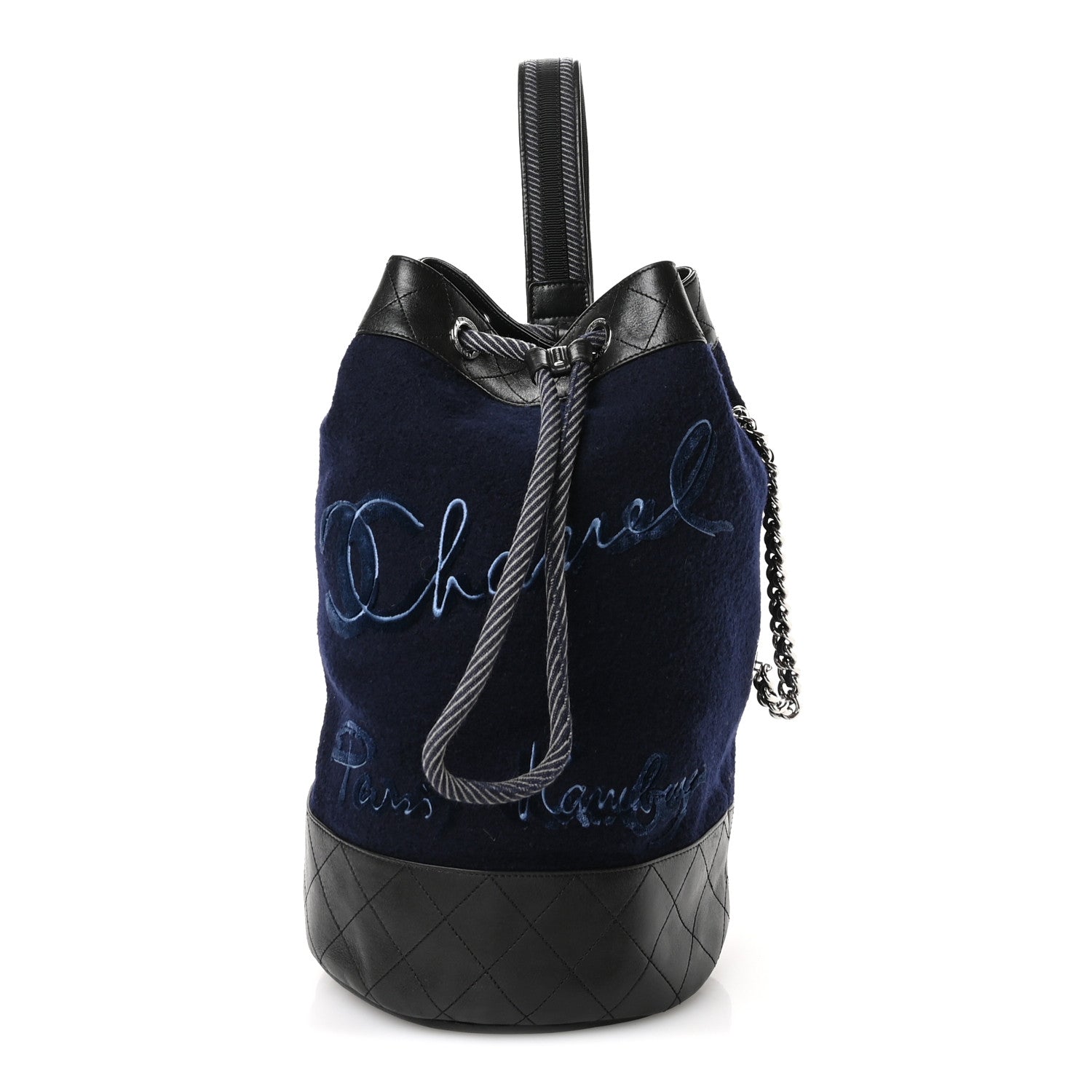 Wool Calfskin Embroidered Paris Hamburg Drawstring Backpack Navy Blue