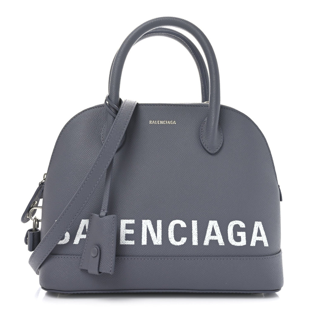 Signature Grained Calfskin Logo S Ville Top Handle Bag Gris Perle Fonce White