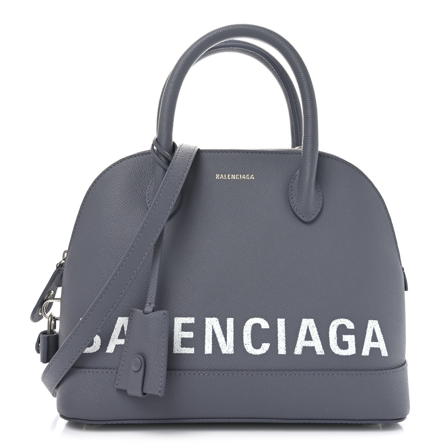 Signature Grained Calfskin Logo S Ville Top Handle Bag Gris Perle Fonce White