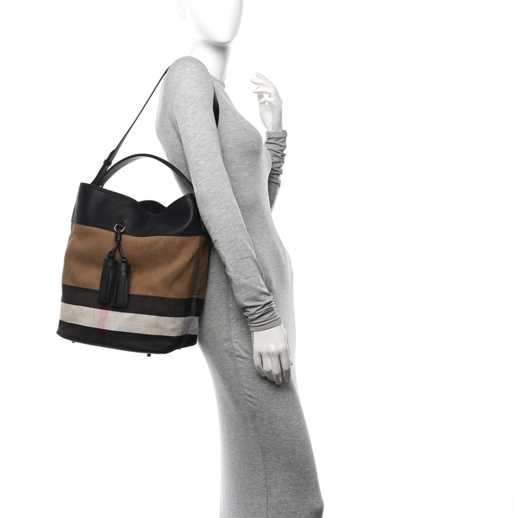 Grainy Calfskin Canvas Mega Check Medium Ashby Tassel Hobo Black