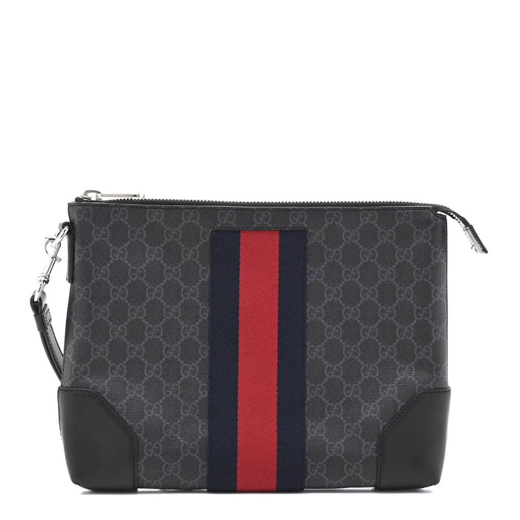GG Supreme Monogram Calfskin Web Flat Wristlet Black Grey