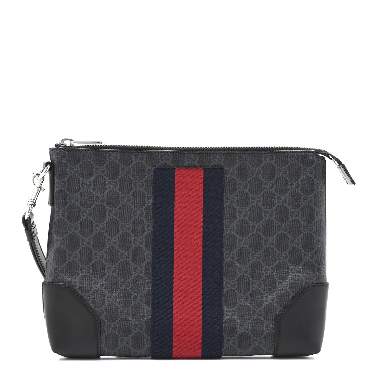 GG Supreme Monogram Calfskin Web Flat Wristlet Black Grey