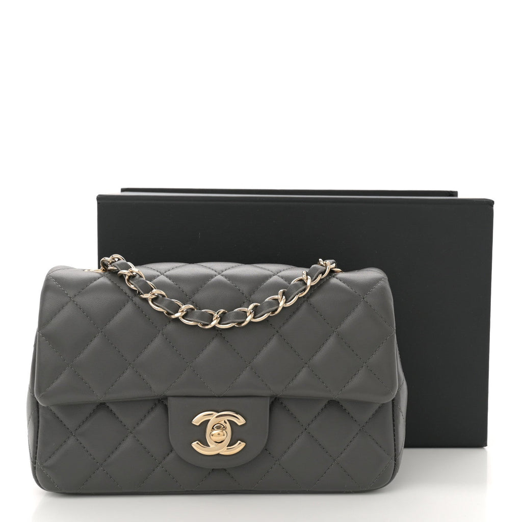 Lambskin Quilted Mini Rectangular Flap Dark Grey