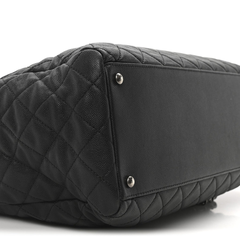 Caviar Quilted Large Coco Handle Shopping Tote Black