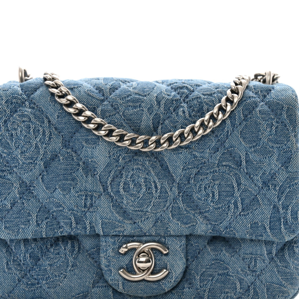 Denim Quilted Camellia Sweetheart Mini Flap Blue