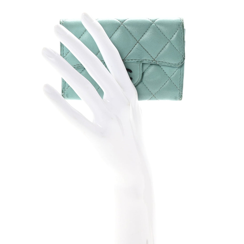 Lambskin Quilted Flap  Holder Wallet Turquoise