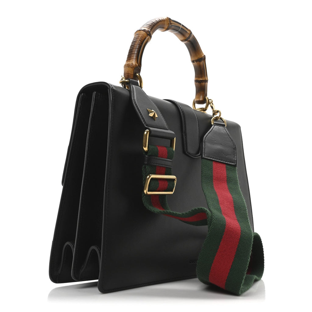 Calfskin Bamboo Web Large Dionysus Top Handle Bag Black Bright Evergreen Hibiscus Red