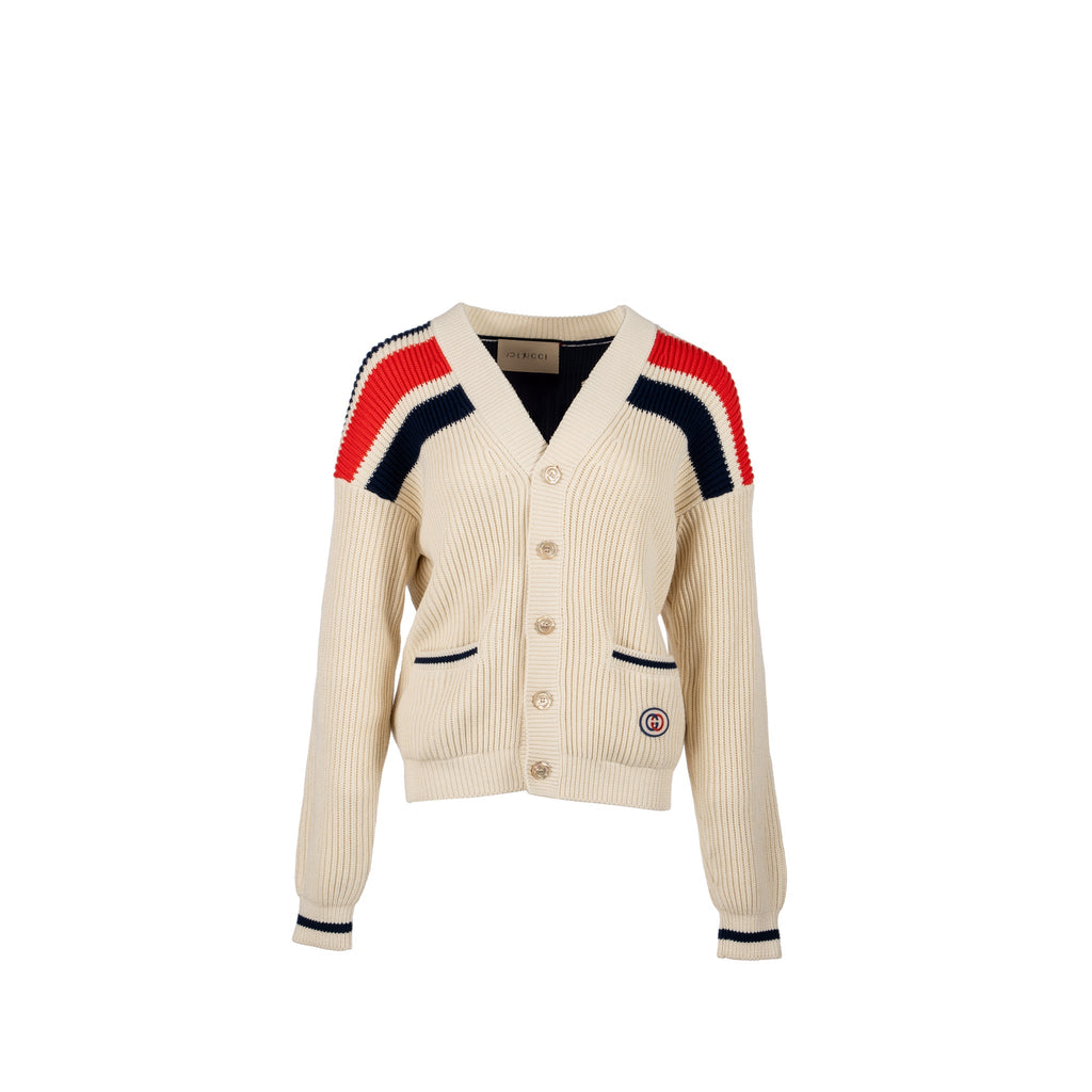 Gucci Size XS Interlocking G Stripe-detail Knitted igan Cotton White/Multicolour