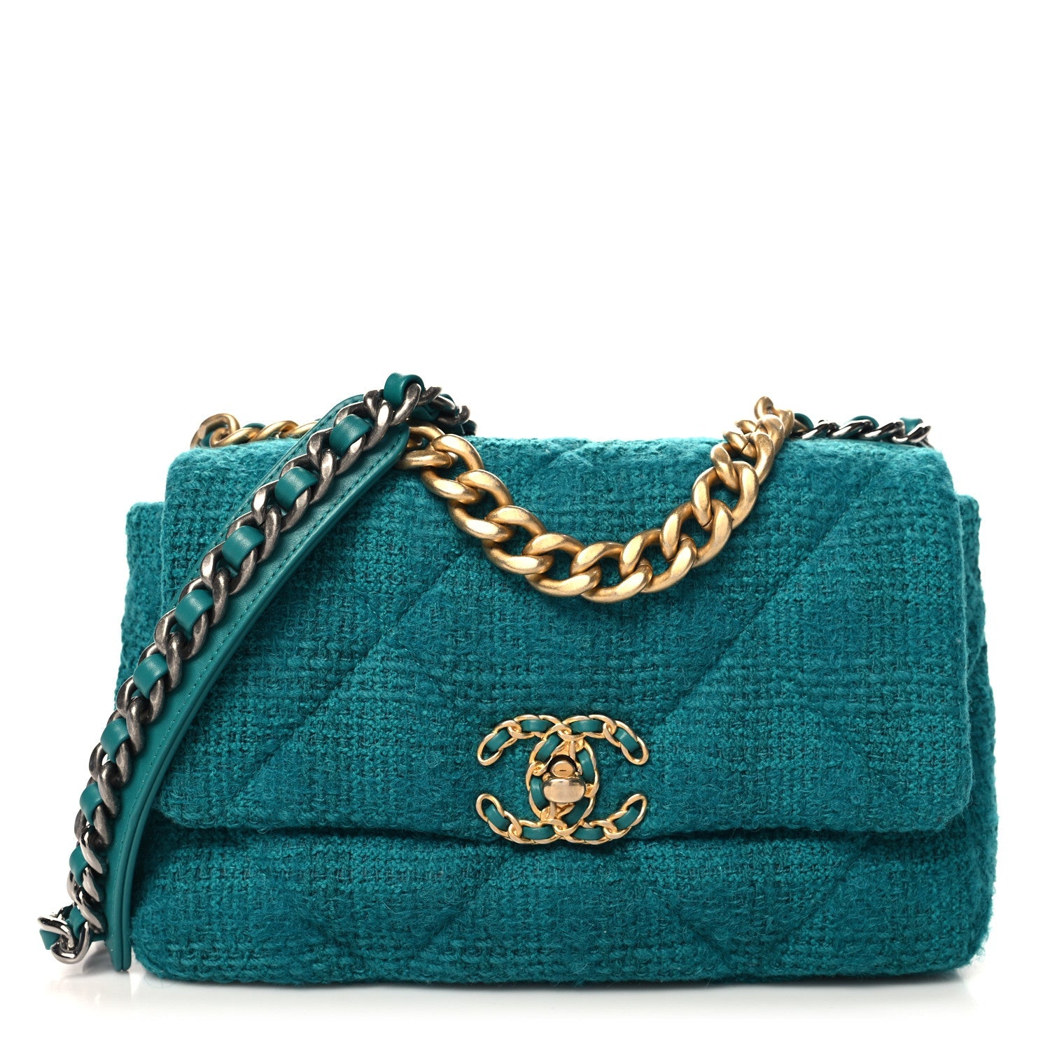 Tweed Quilted Medium Chanel 19 Flap Green