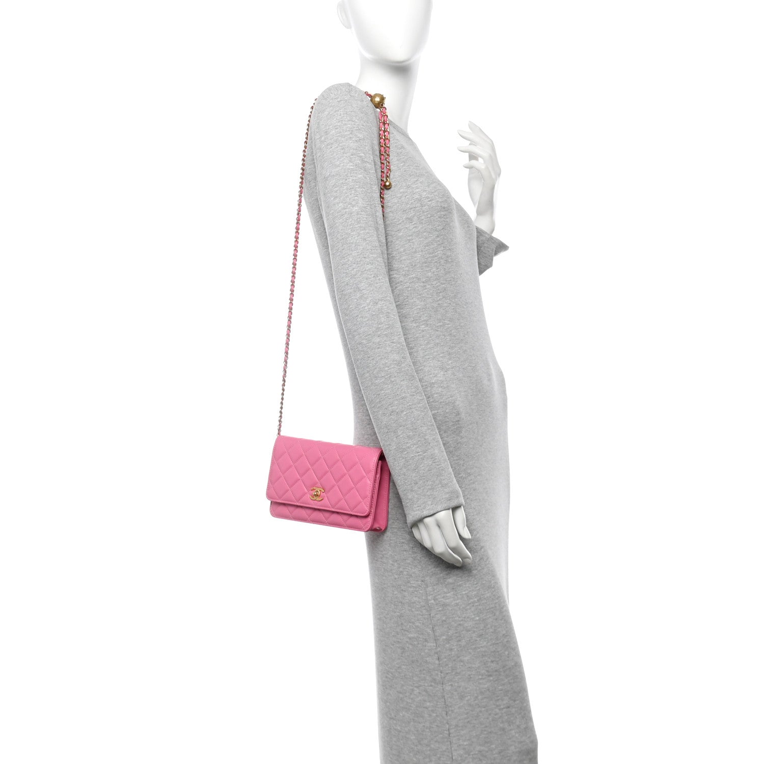 Lambskin Quilted CC Pearl Crush Wallet on Chain WOC Pink