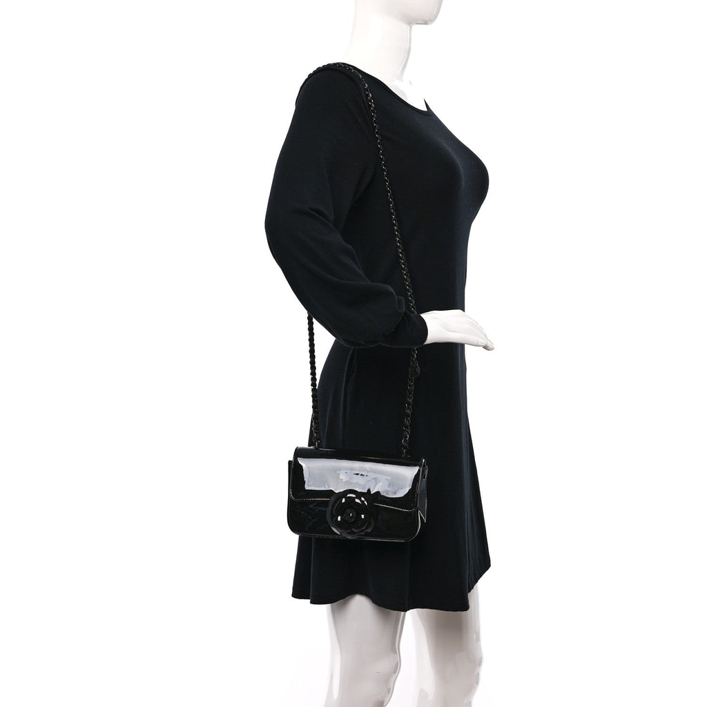Patent Calfskin Small Camellia Flap Black