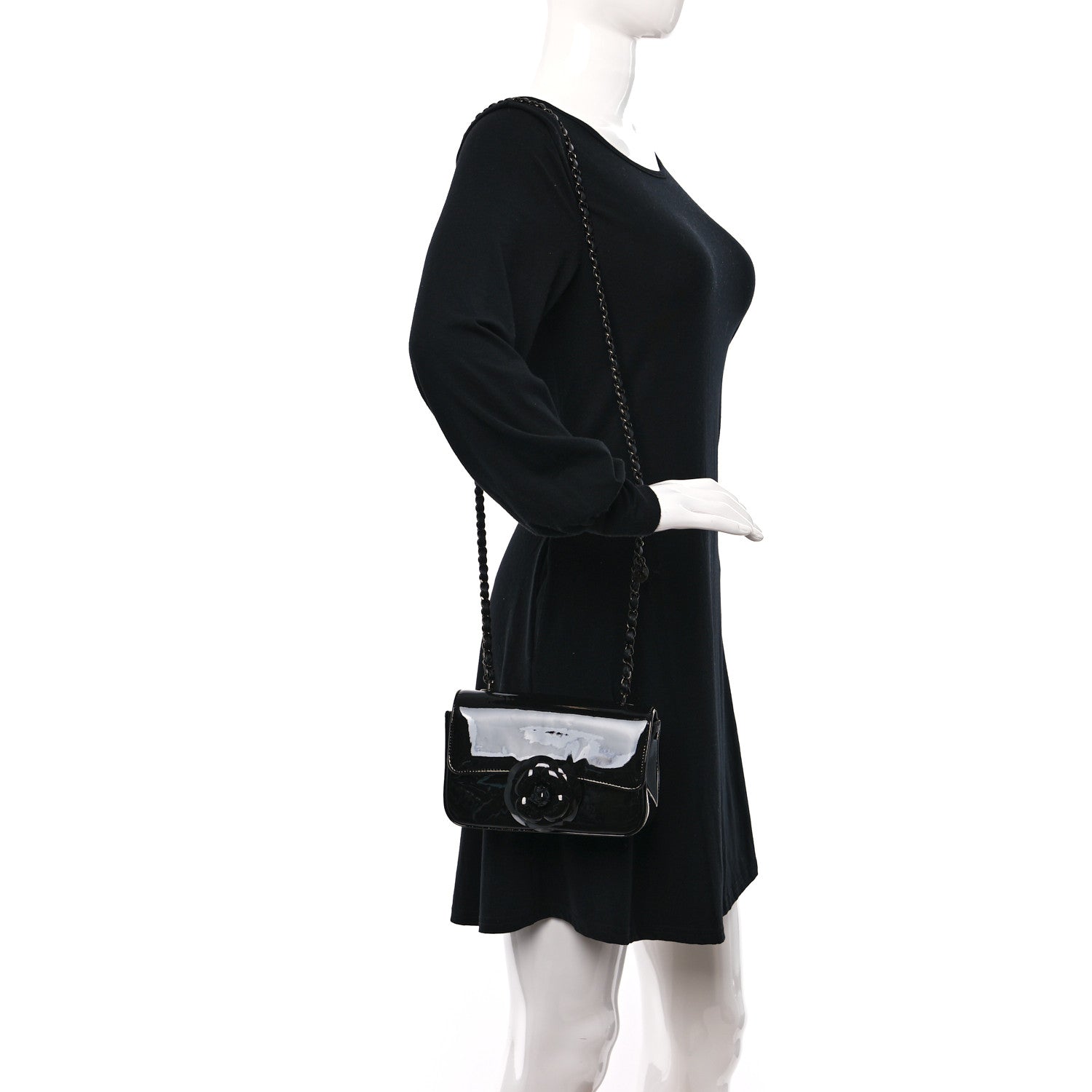 Patent Calfskin Small Camellia Flap Black