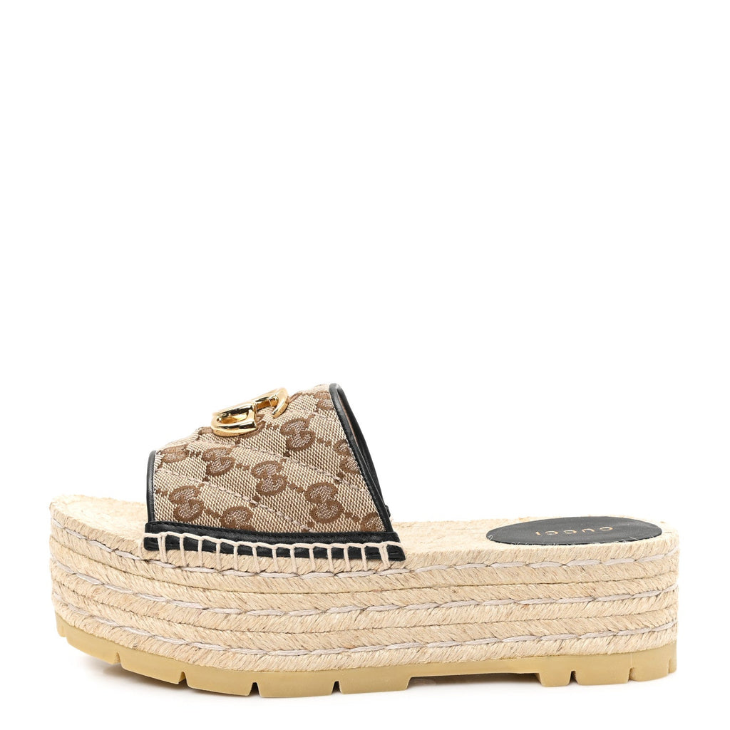 Monogram Matelasse Diagonal GG Marmont Platform Espadrille Slide Sandals 36 Beige Ebony Black
