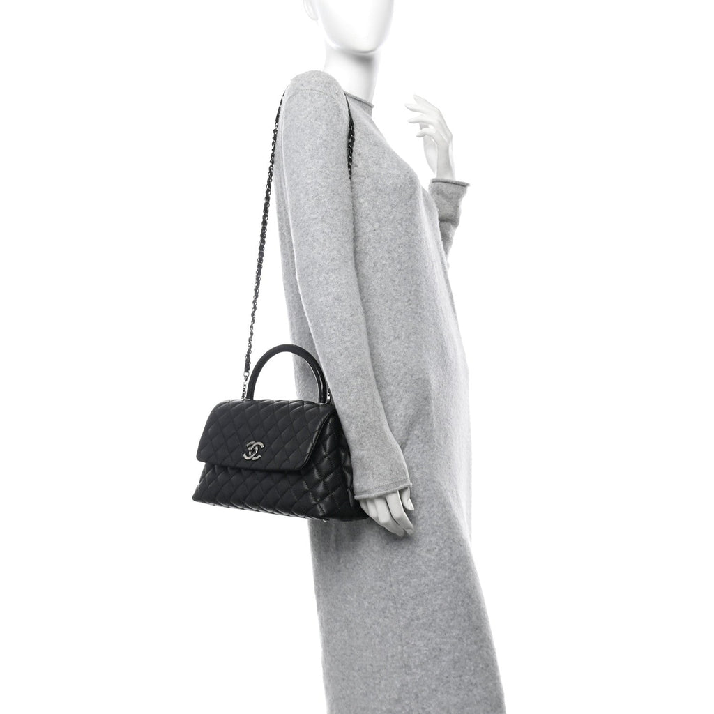 Caviar Lizard Embossed Quilted Small Coco Handle Flap Black