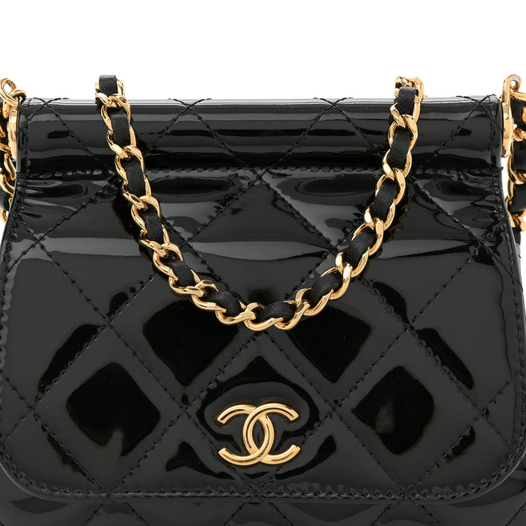 Patent Quilted Frame Clutch Flap With Chain Black
