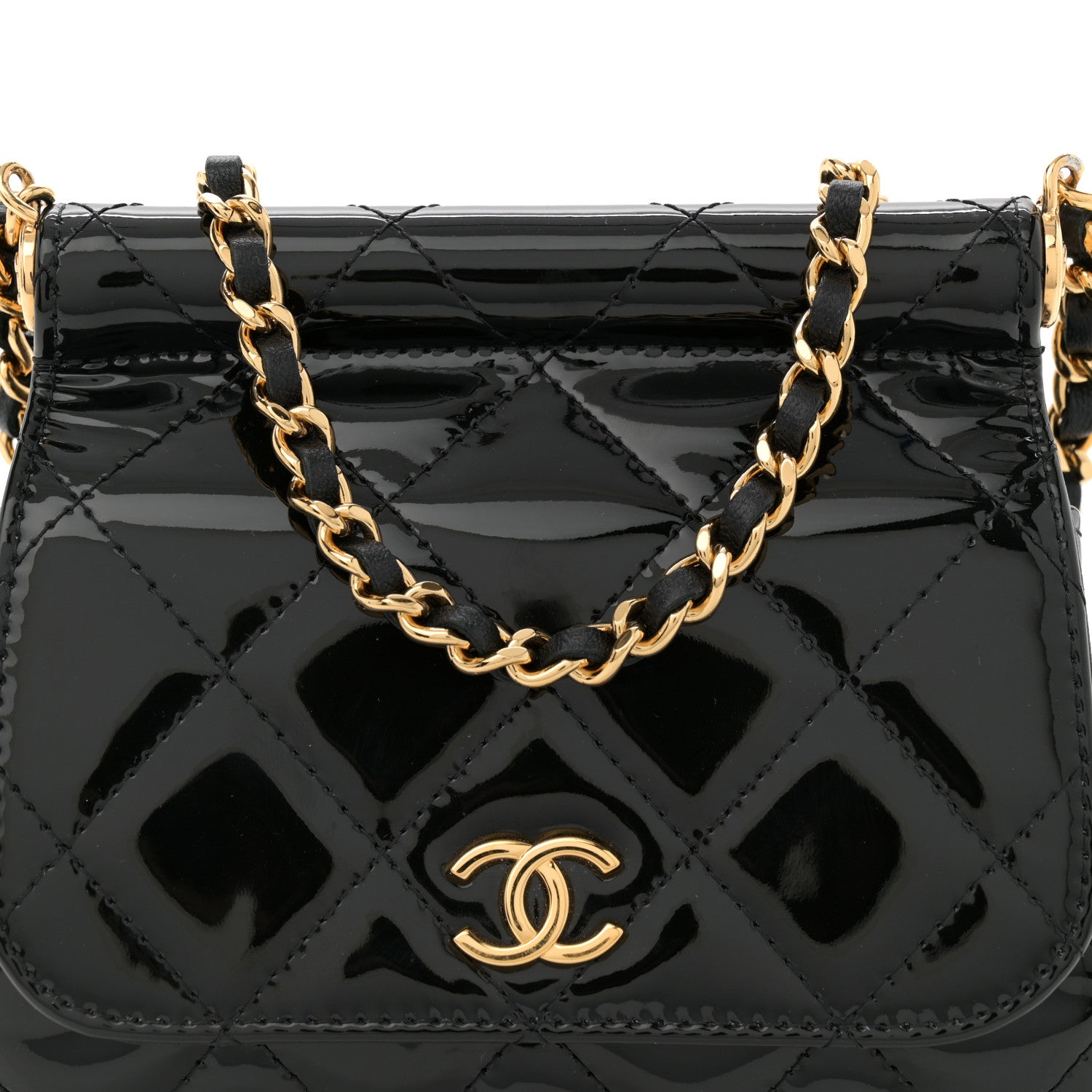 Patent Quilted Frame Clutch Flap With Chain Black