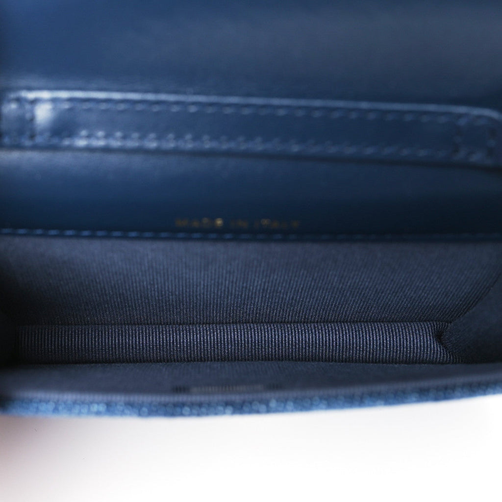 Printed Denim Quilted  Holder On Chain  Dark Blue