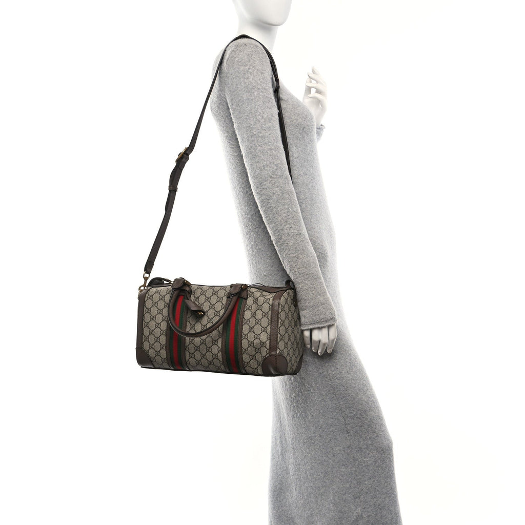 GG Supreme Monogram Textured Dollar Calfskin Web Small Duffle Bag Beige Ebony