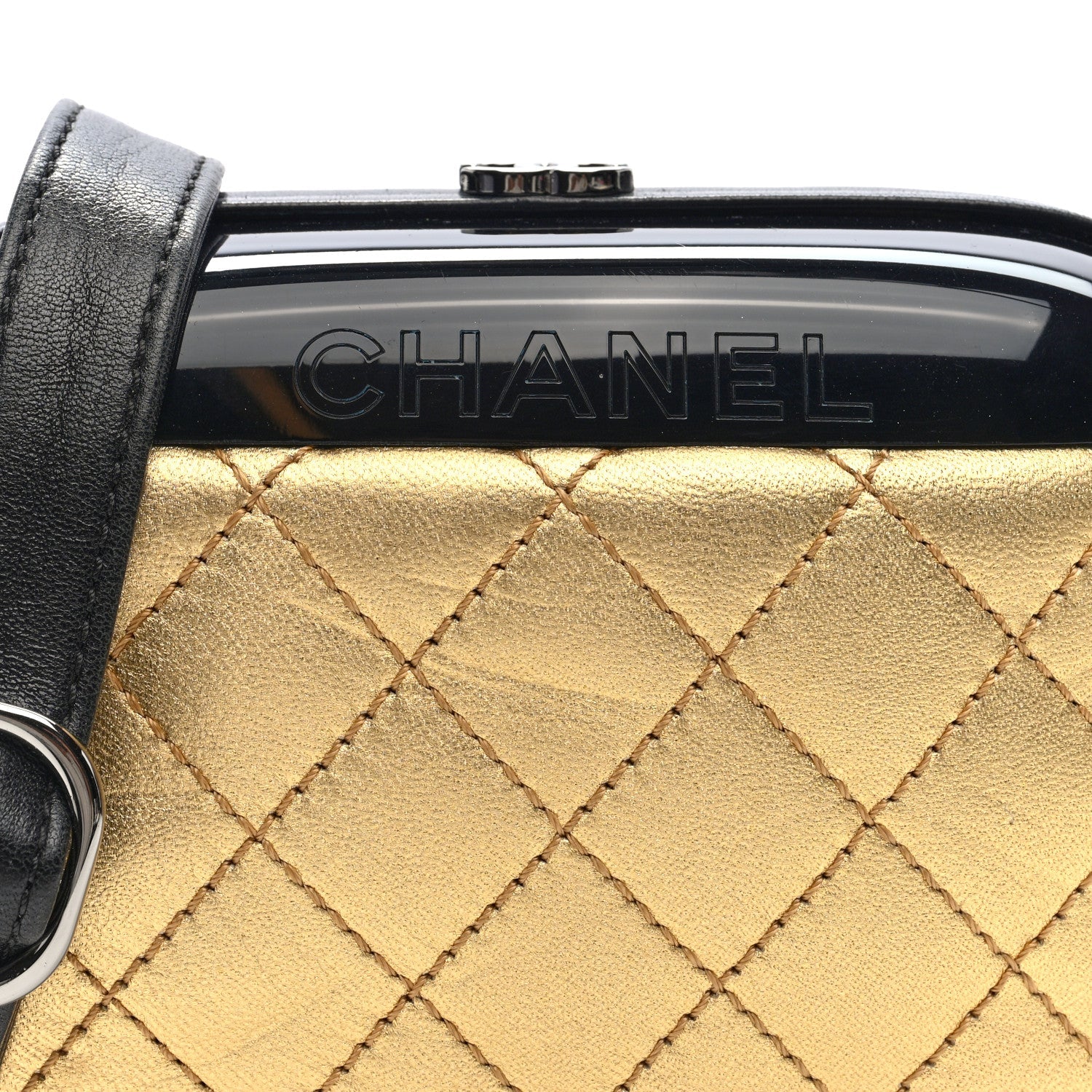 Lambskin Quilted Plexiglass Box Bag Black Gold