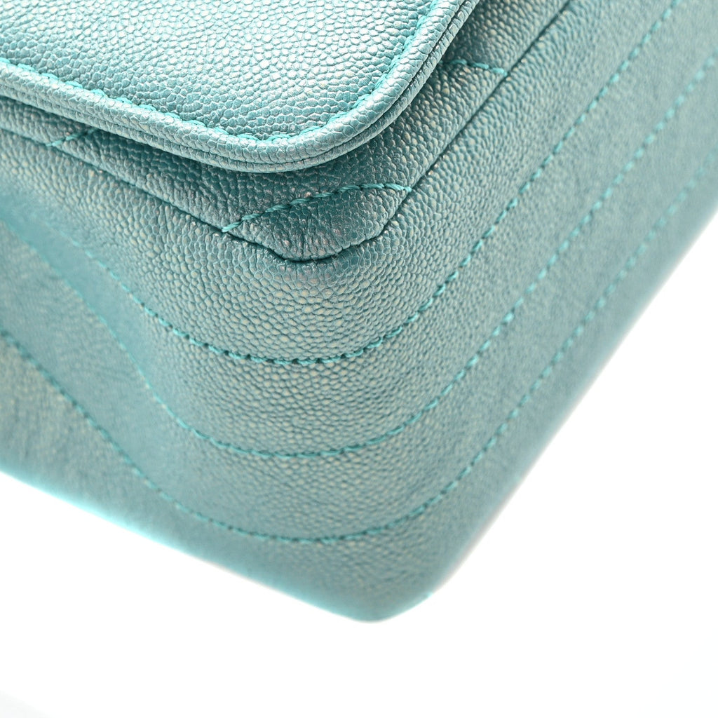 Metallic Caviar Chevron Quilted Small Statement Flap Turqouise